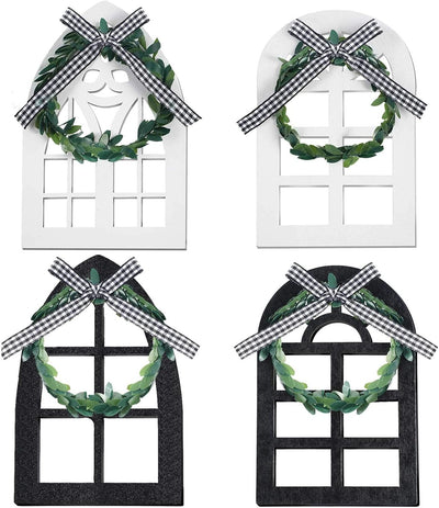 4 Pcs Spring Decorations Greenery Table Decorations Wooden Frame Sign Fence Windows Table Centerpiece Farmhouse Rustic Decor Wreath Decor Mini Tiered Tray Party Favors for Home Spring Summer (Window)