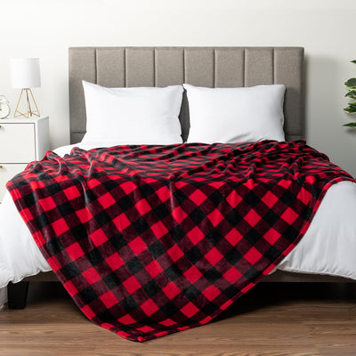 Black and Red Buffalo Plaid Fleece Bed Blanket King Size, Soft Checkered Flannel Blanket for Sofa, Plaid Christmas Couch Throw Bed, Warm Cozy Decorative Blanket Fall Decor Gift, 90X90