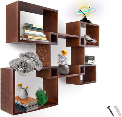 Modern Wall Mounted Square Shaped Floating Shelves – Set of 5 Square Shelves for Bathroom, Bedroom, Living Room & More – Rustic Wall Decor Display for Home - Brown