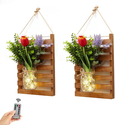 Mason Jar Decorations-Rustic Wall Sconces Wall Art Hanging Design with Remote Control LED Fairy Lights Artificial Tulip Farmhouse Kitchen Decor Wall Decor Living Room Lights Set of 2(Tulip)