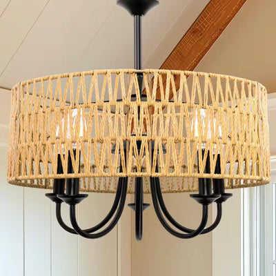 5-Light Modern Farmhouse Brown round Rattan Pendant Rattan Drum Chandelier with Woven Rattan Shade for Dining Room